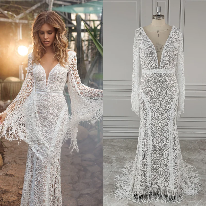 Vestido de novia de manga larga con escote en V para mujer, traje Sexy de encaje con espalda descubierta y borlas, hecho a medida, fotos reales, #9652