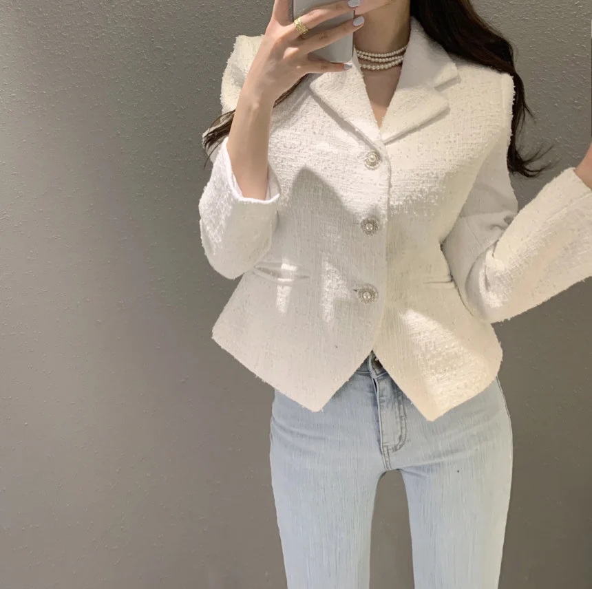 Women's Autumn Retro Lapel Chic Pearl Single Breasted Long Sleeved Tweed Jacket Coats