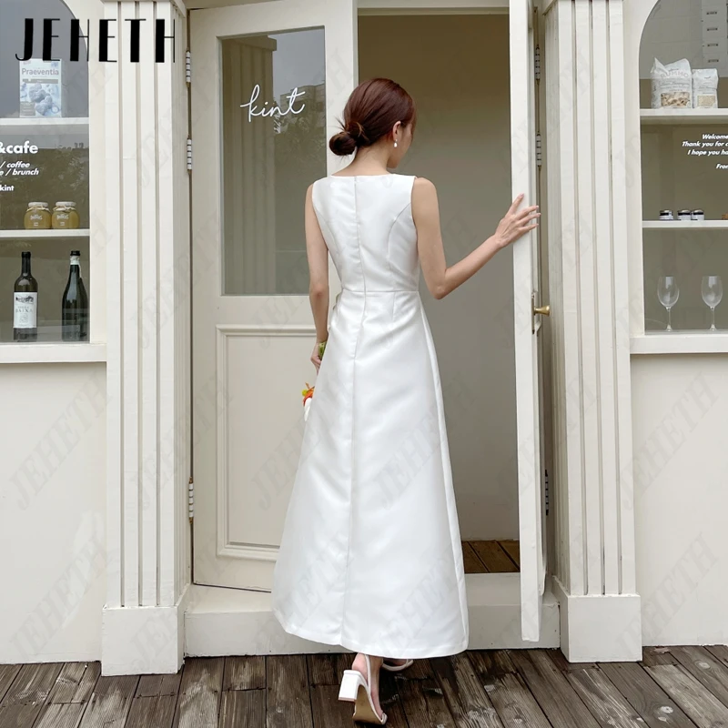 JEHETH Simple Satin A-Line Korea Bridal Gowns For Women O-Neck Sleeveless Wedding Dresses 웨딩드레스 Photography Elegant Ankle-Length