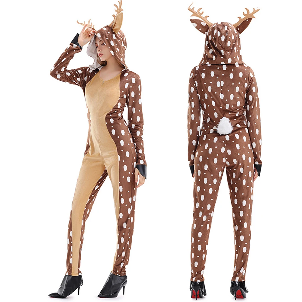 Reindeer Costume Women Christmas Rudolph Polka Dot Animal Cosplay Fleece Romper Girls Deer Costume