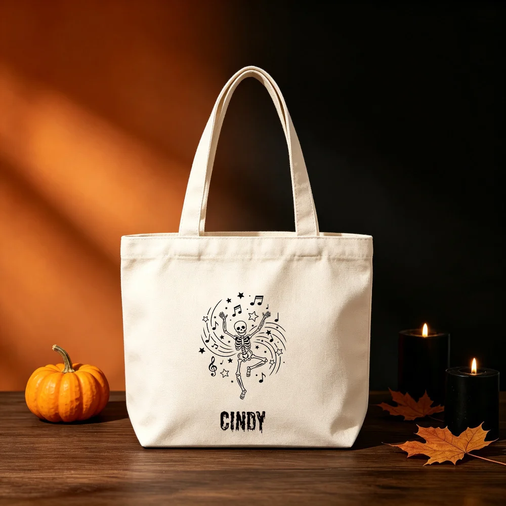 Customized Halloween Canvas Handbag, Rock Skull Print, Hand-held Candy Bag, Halloween Party Gift，Halloween Gift for Children.