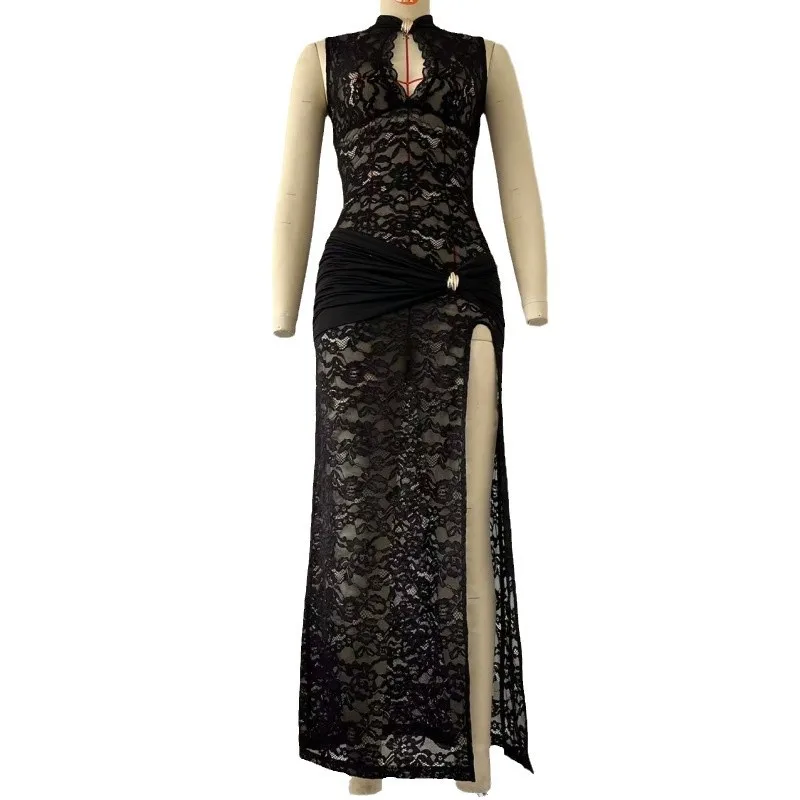 Vrouwen sexy kanten lange jurk uitgehold mouwloos hoge split avondfeest clubjurk vintage casual bodycon doorzichtige vestidos