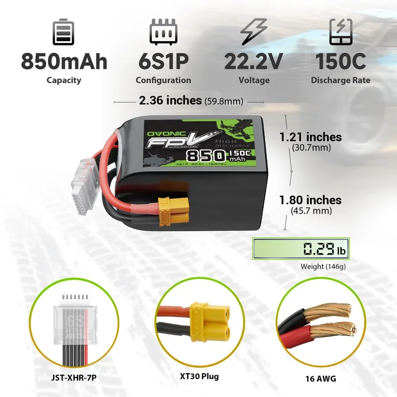 OVONIC 850mAh 6S 22.2V 150C Lipo Battery XT30 Connector Rechargeable Power Pack for 90mm 120mm 180mm Brushless FPV Drone Cinelog Protek25