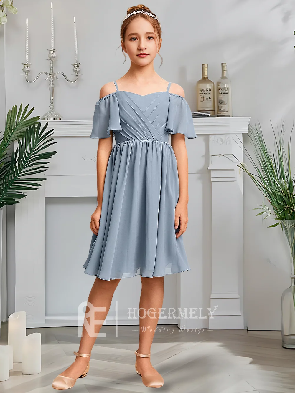 Роскошное платье подружки невесты с открытыми плечами, синее платье с цветочным узором для девочек, шифоновое трапециевидное платье длиной до колена, садовое гала-свадьба