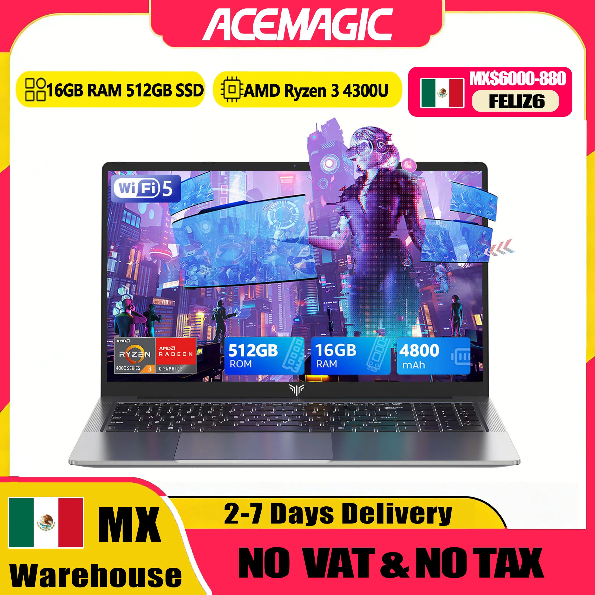 Computadora Portátil ACEMAGIC LX15Pro, AMD Ryzen 3 4300U, Windows, Pantalla IPS de 15.6 Pulgadas, 16GB DDR4, 512GB NVMe SSD, Teclado Numérico