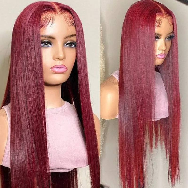 

200 High Density Burgundy 13x6 HD Lace Frontal pre plucked Wig Straight 13x4 Lace Front 99J Colored Human Hair Wigs For Women