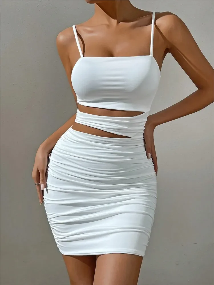 2024 SWomen Sexy Bodycon Mini sukienka bez rękawów z paskiem Spaghetti w jednolitym kolorze wieczorowe sukienki z wycięciami sukienka seksowne przedsionki — zdjęcie 2