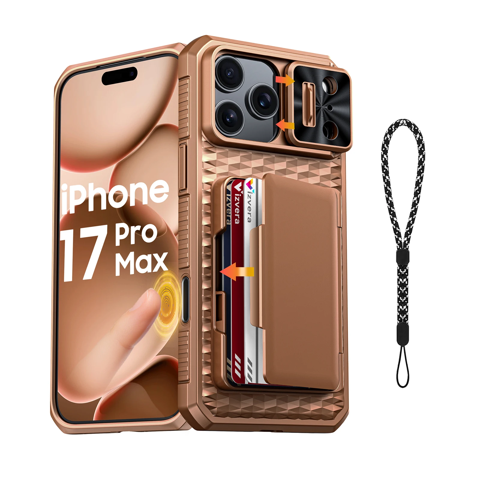 Telefoonhoesje met kaarthouder, schuifbare camera-afdekking en standaard voor iPhone 17 Pro/17 Pro Max, geschikt voor mannen en vrouwen - Goud - afbeelding 2