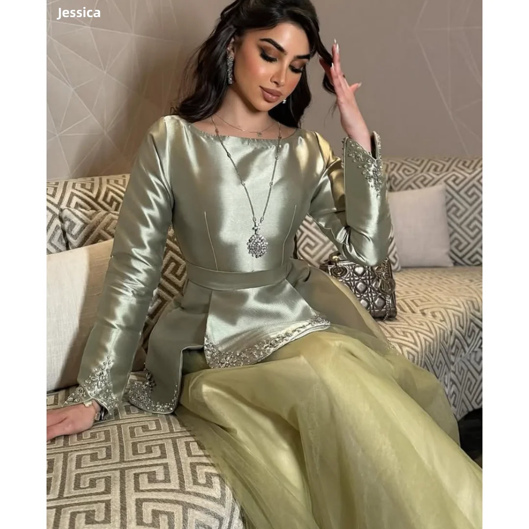 

Jessica Light Green Satin Long Sleeves Evening Dresses Organza Beaded Elegant Lady Prom Dresses Special Occasions Customized