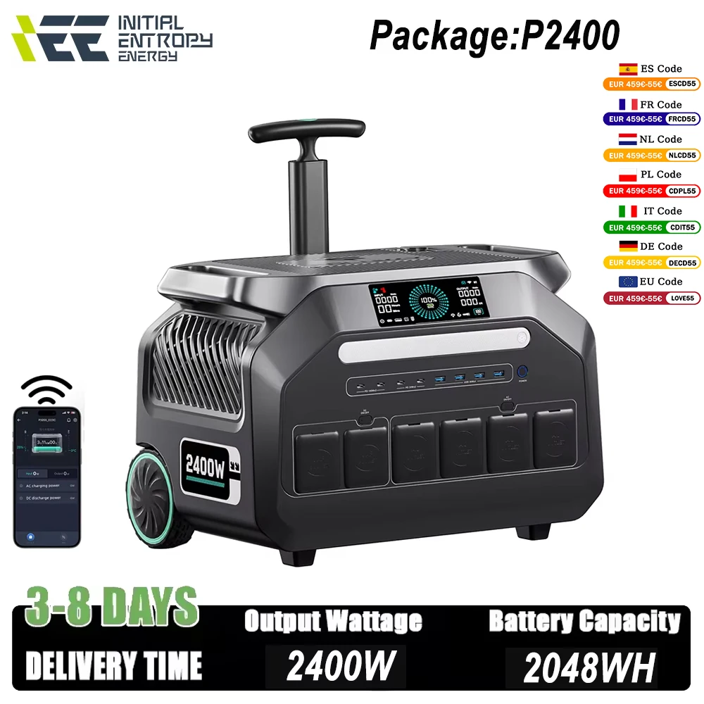 IEE P2400 2400 W tragbares Kraftwerk 2048 Wh LiFeP04 Camp Solargenerator APP-Steuerung mit Beleuchtung EU AC-Eingang/Ausgang PV Inupt
