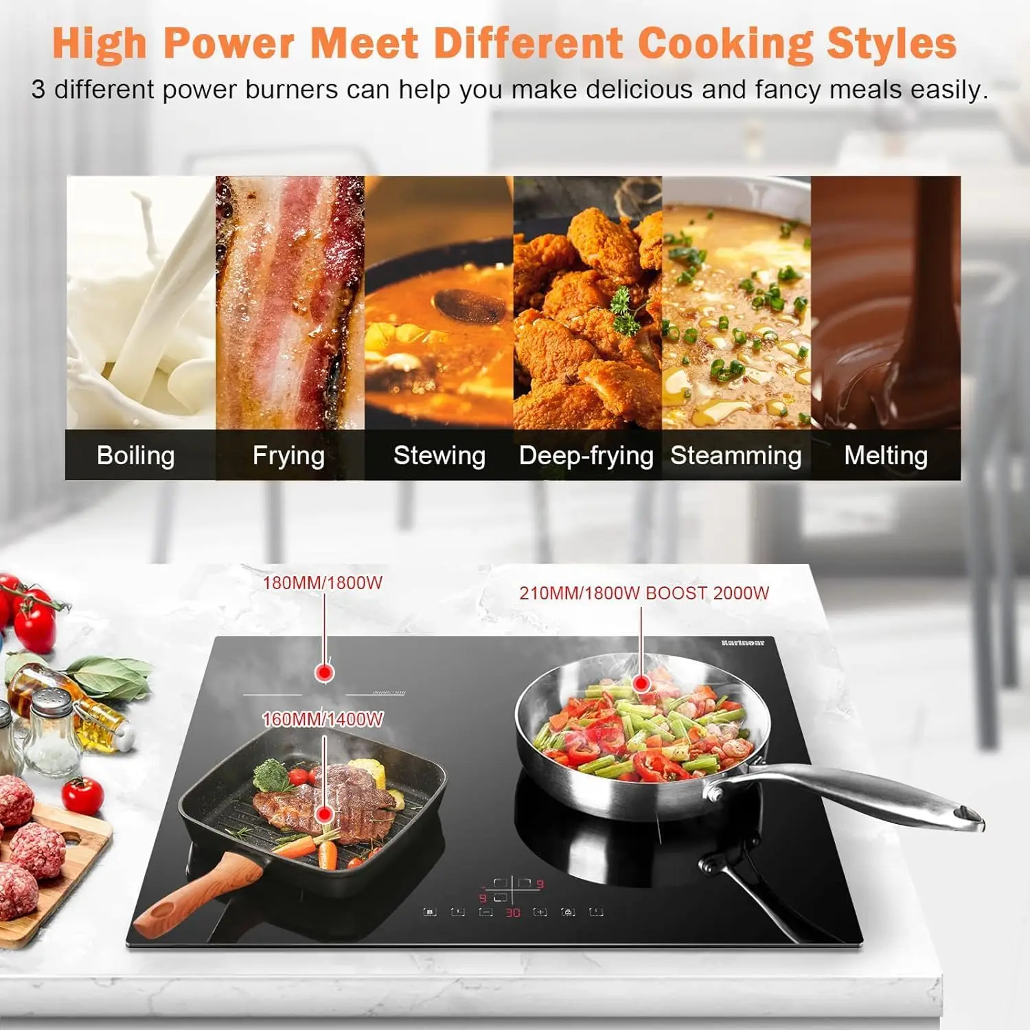 موقد كارينير التعريفي 3 شعلات، موقد حثي مدمج 60 سم، فرن كهربائي مع تحكم باللمس، مؤقت، قفل أمان، 5200 وات، واي فاي #4