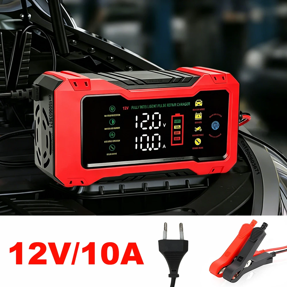 Prostownik do akumulatorów samochodowych 12V 10A, inteligentna ładowarka impulsowa do naprawy akumulatorów samochodowych, motocyklowych, ciężarowych, akumulatorów kwasowo-ołowiowych, ładowarka z