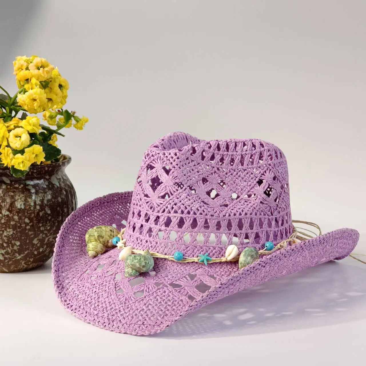 

Summer Malan Flower Openwork Cowboy Hat Purple Beach Hat with Seashells and Starfish Decorations Summer Beach Sun Hat for Women