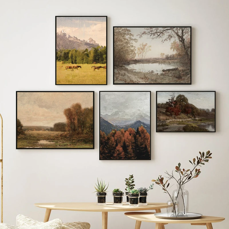 Rustic Autumn Landscape Art Prints Fall Country Posters Vintage Nature Lake Canvas Oil Painting Farmhouse Wall Pictures Decor