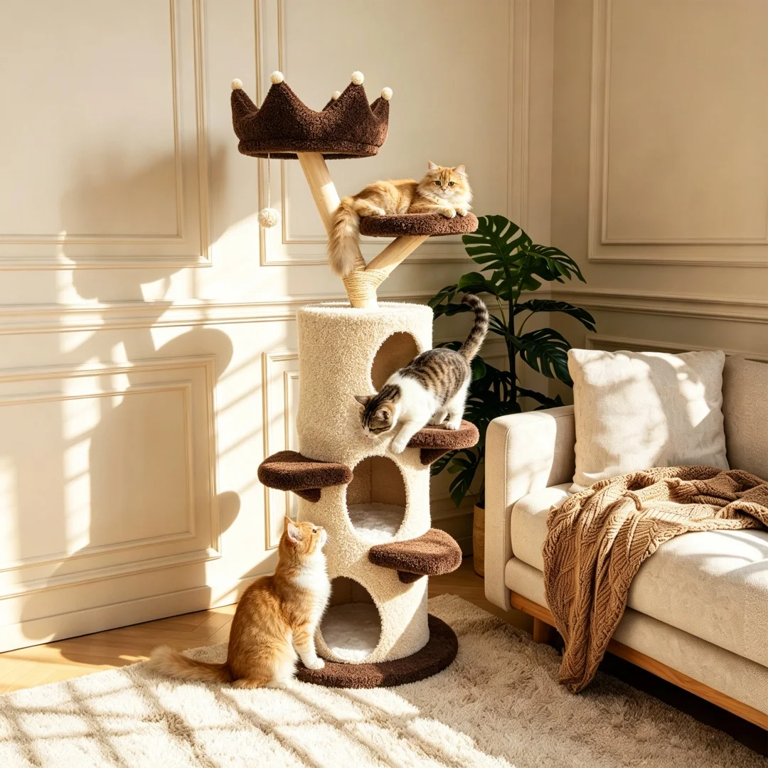 Bingopaw Multi-Level Cat Tree for Indoor Multi-Cat,160cm Tall Cat Tower with Crown Perch,3 Condos,Sisal Scratching Post,Sturdy Wood Activity Center