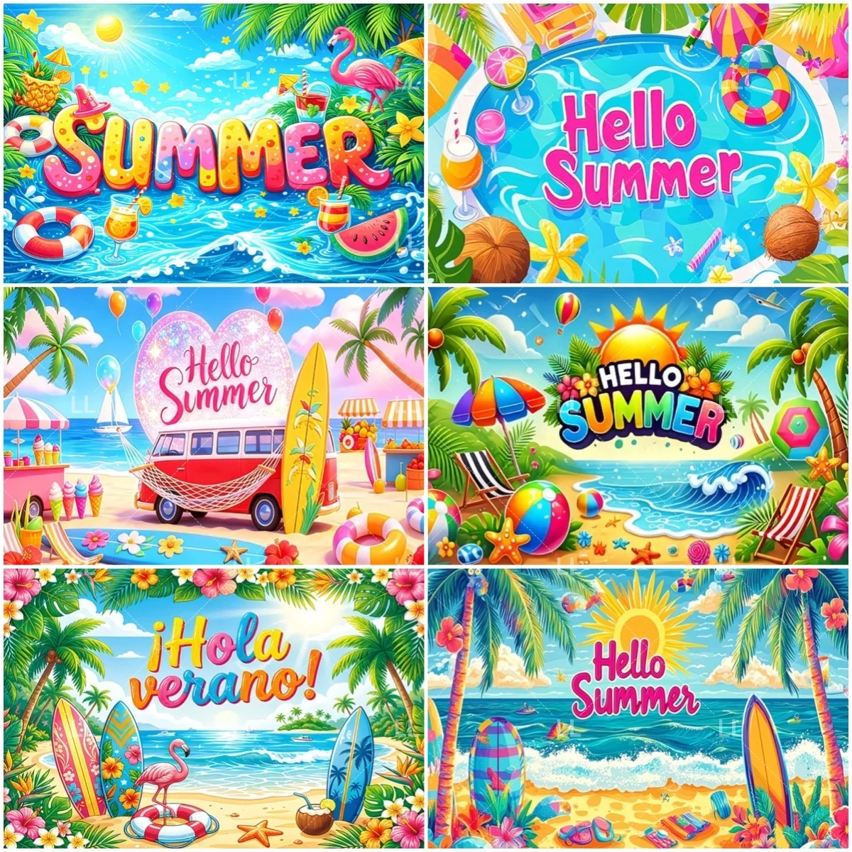 

Hello Summer Hawaii Beach Theme Party Decoration Backdrop Flowers Aloha Flamingo Surfboard Seaside Photography Background Gift