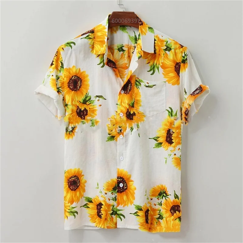 Men's sunflower short-sleeved street style designer casual outdoor everyday summer collared shirt in green and blue