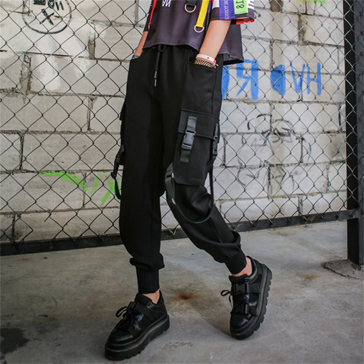 

100% хлопок, черные брюки-карго с высокой талией, женские повседневные брюки в стиле панк, готические брюки-карандаш в стиле Харадзюку, модные брюки для девочек в стиле хип-хоп