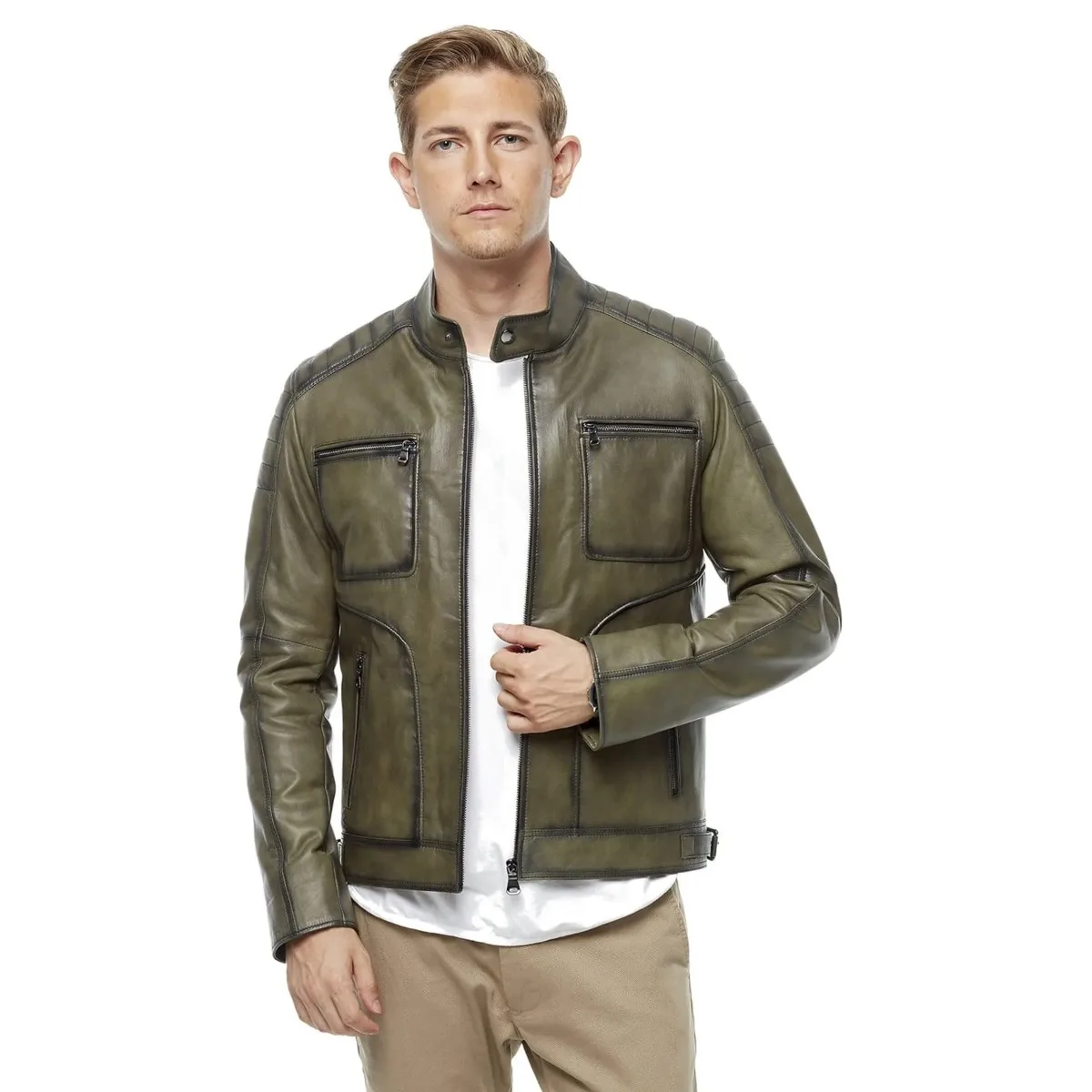 Genuine Leather Jacket Men Biker Coat Autumn Winter Real Lambskin Green Color Design Classic Clothing