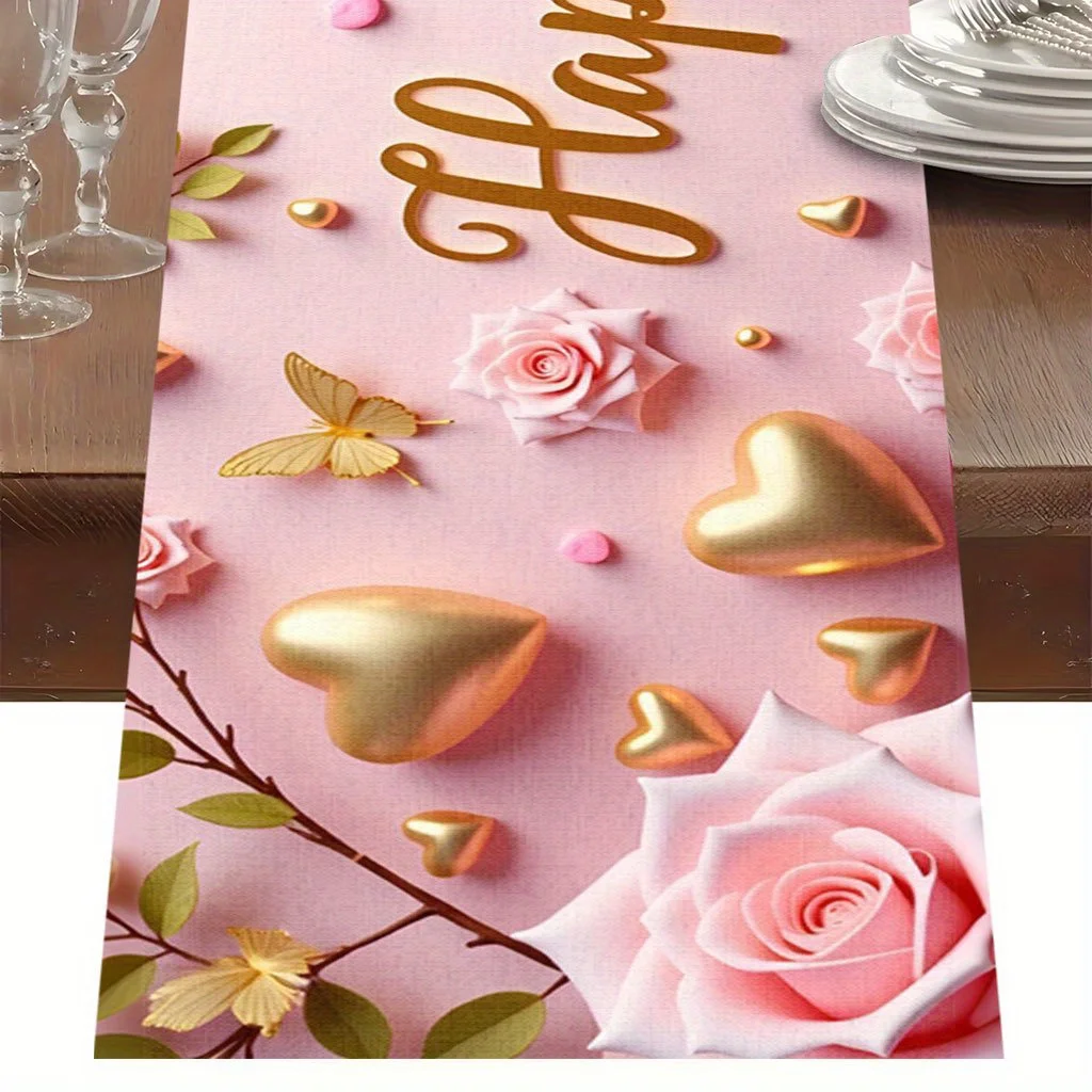 A 2D Table Runner, Butterfly And Pink Roses to Celebrate Birthday Day,Suitable for Festive Parties, Table Decorations, Home Deco