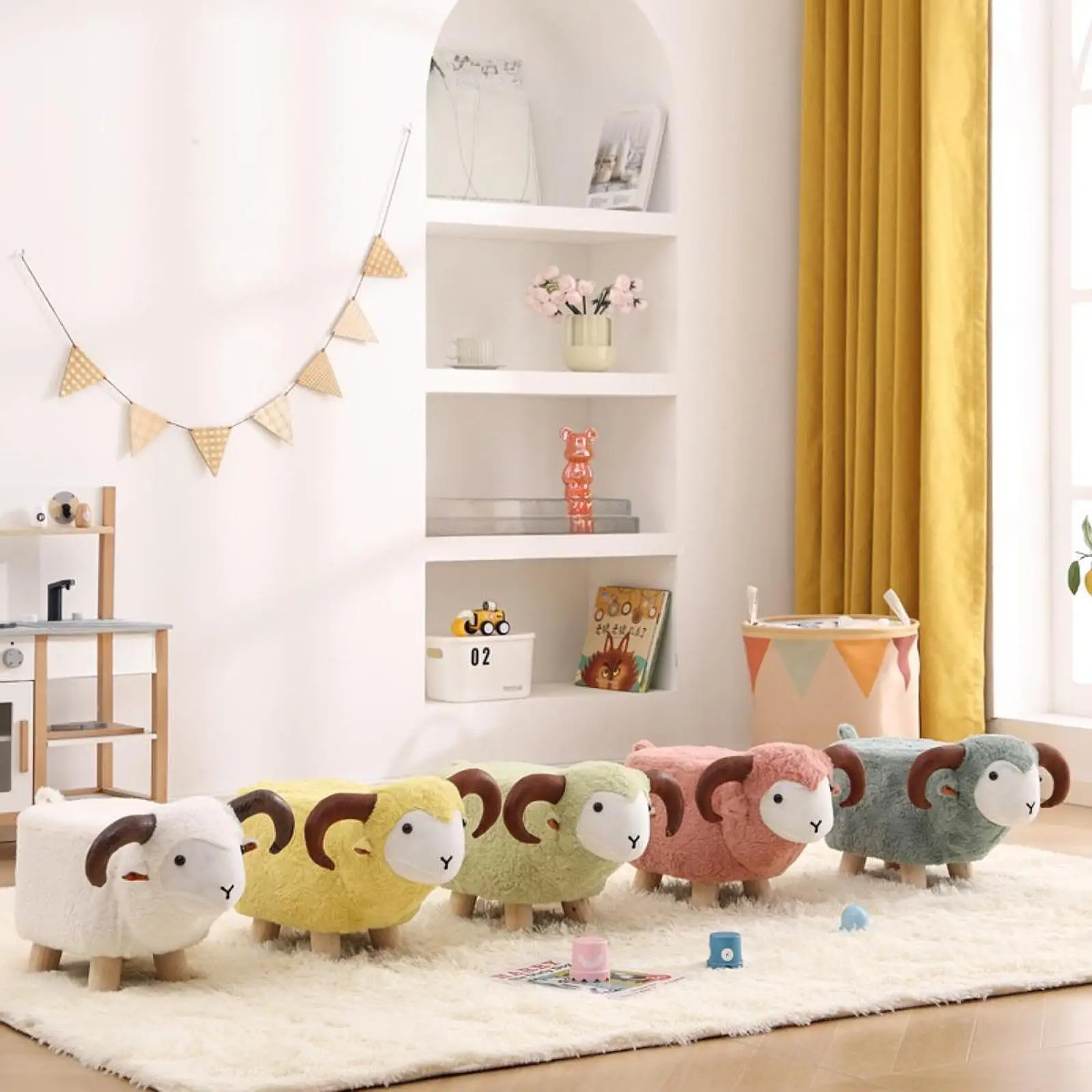 Animal Footstool Cartoon Footrest Ottoman Non Slip Kids Feet Wooden Small Seat Chair for Living Rooms Entryway Playroom Decor