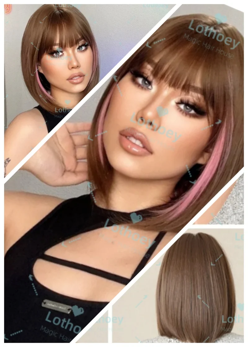 Короткий золотисто-коричневый крючок для ушей, розовый парик из натуральных волос, парик с челкой BOB, популярный цвет, подходит для вечеринки, жизненная сила, специальная цена