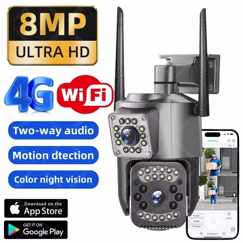 4G Panorama Wifi Camera 8MP IP Surveillance Cameras HD Color Night PTZ Baby Monitor 8X Zoom Dual Lens V380 Outdoor Wireless CCTV