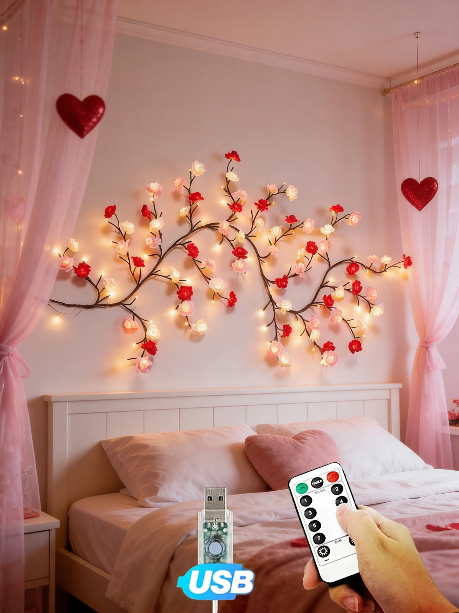 

Rose LED Branch Lamp for Walls - Rose Flower Willow Branch Decorative Wreath with 96 LED Lights and Remote Control, 8 Lighting M