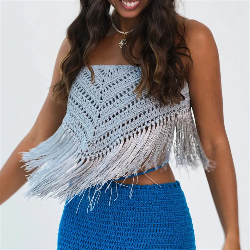 Women's Sexy Off Shoulder Tassel Knitted Bikini Top Vest Camis Crochet Swimsuit Beach Cover-Up Female Swimwear Sunscreen Cape