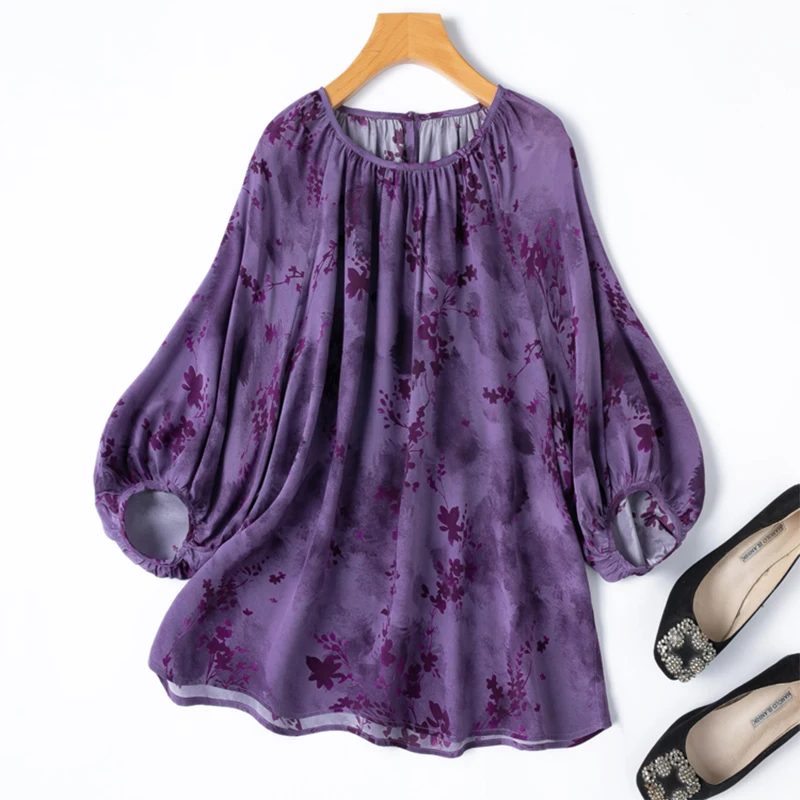 Women Silk Blouse 100% Mulberry Crepe Silk Purple Floral Printed Loose Type Pullover Top Shirt 2025 Office Lady Work M1304