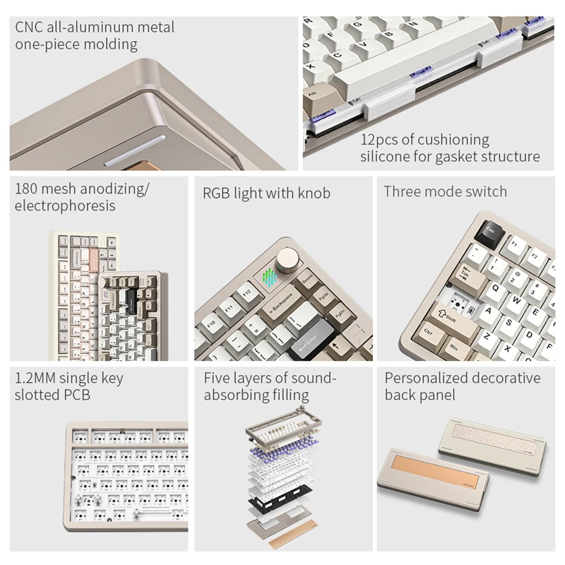 Furyvineyard-Clavier mécanique F75s en alliage d'aluminium, 8000mAh, CNC, RVB, sans fil, Bluetooth, 3 modes, structure de joint, personnalisé, 75 prédire