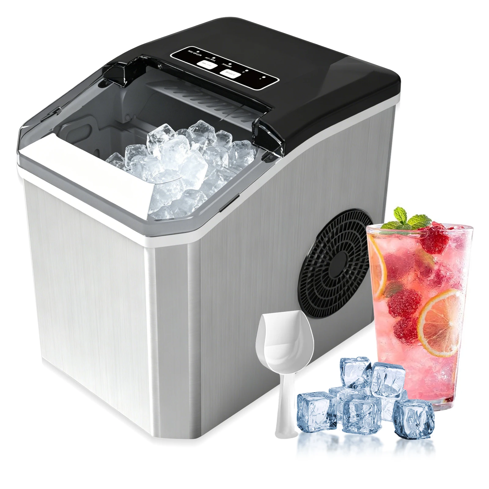Image of Eiswürfelbereiter, 9 Eiswürfel in 6 Minuten fertig, 12 kg in 24 Stunden, Eismaschine mit Lederbezug und Korb für Küche, Schreibtisch, Café und Party