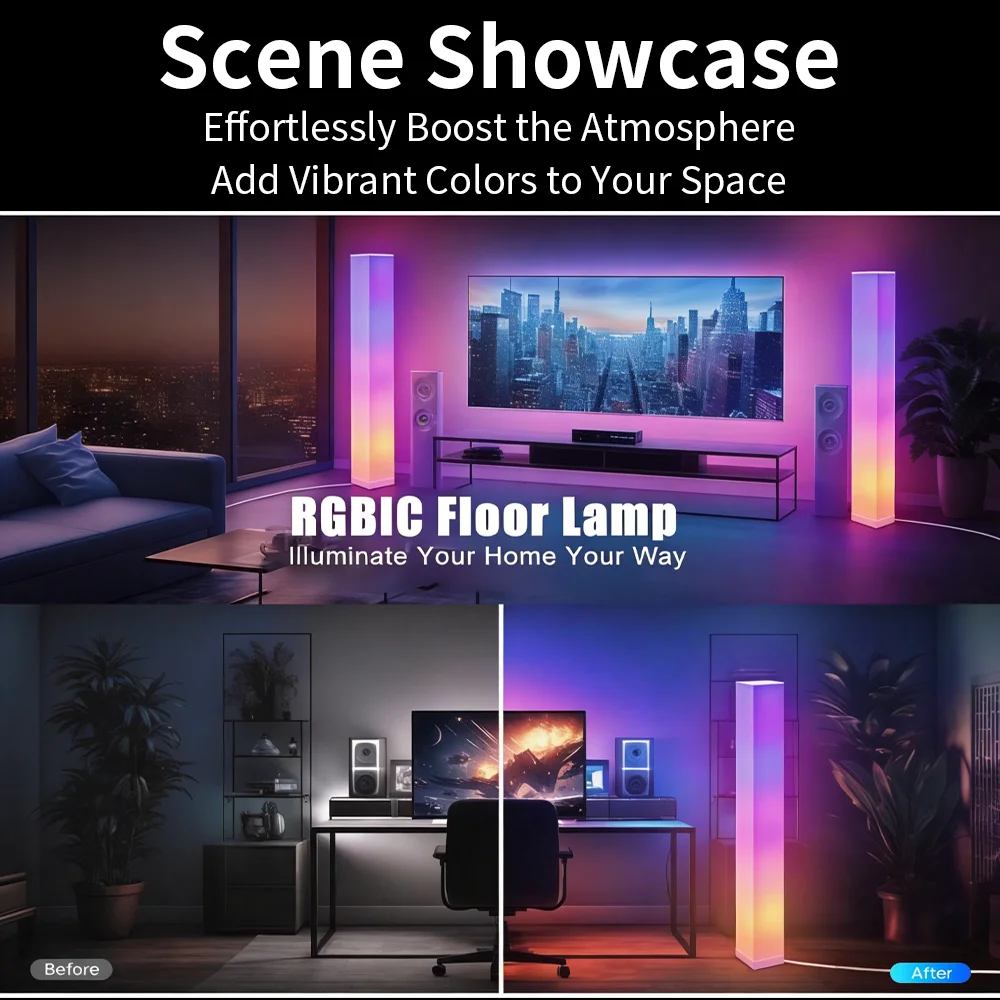 Smarte RGB LED-Stehlampe Moderne Eck-Ambientebeleuchtung mit Fernbedienung, App-Steuerung und Musik-Synchronisation für Schlafzimmer, Wohnzimmer und Büro
