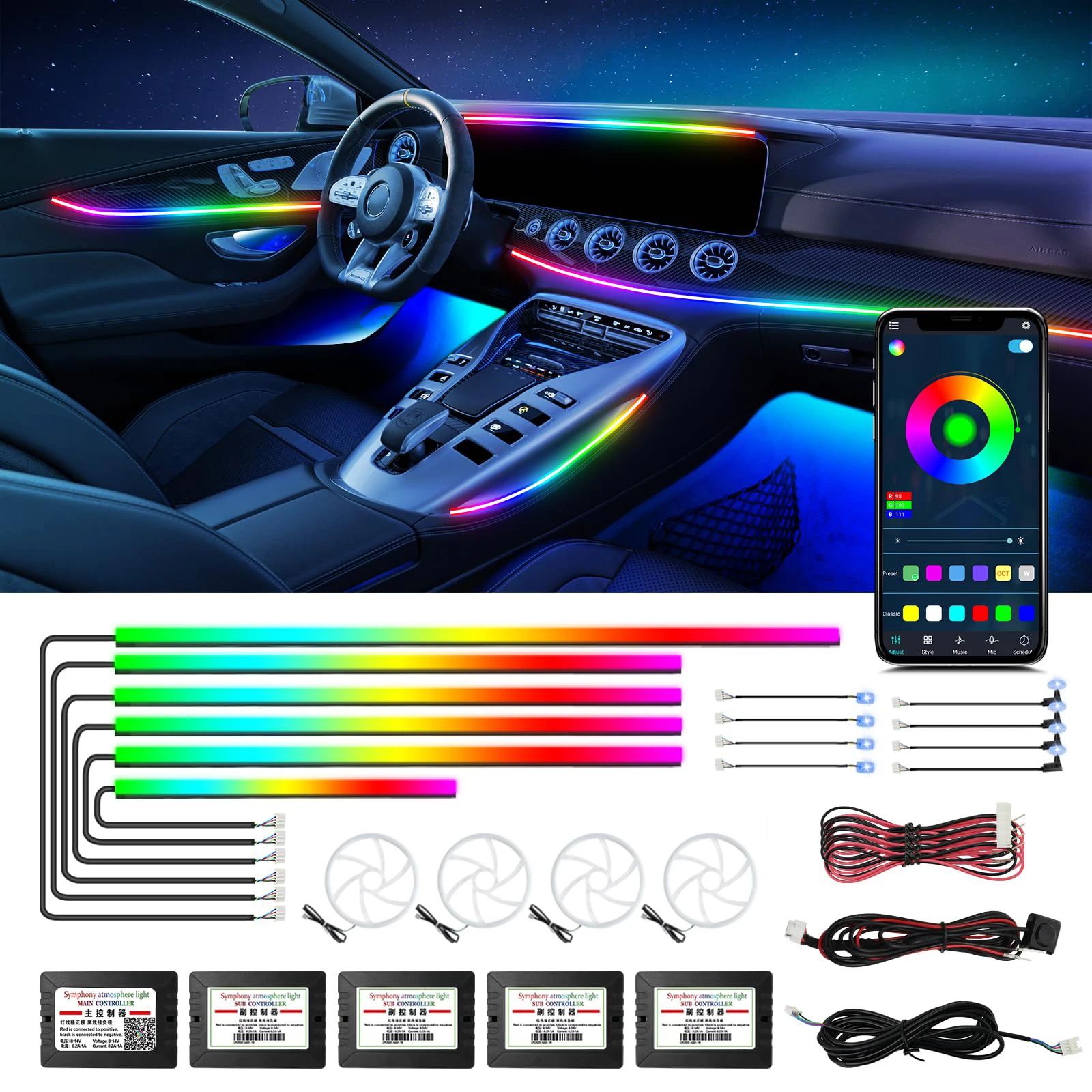 22 In 1 Neon Car LED Interior Ambient Light Acrylic strip For BMW Audi Honda Tesla Toyoya BYD Hyundai Ford Golf Volvo