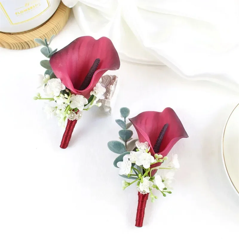 Boutonnières de lys Calla bordeaux, broche de fleurs pour demoiselle d'honneur, Rose artificielle, boutonnière pour hommes, accessoires de mariage