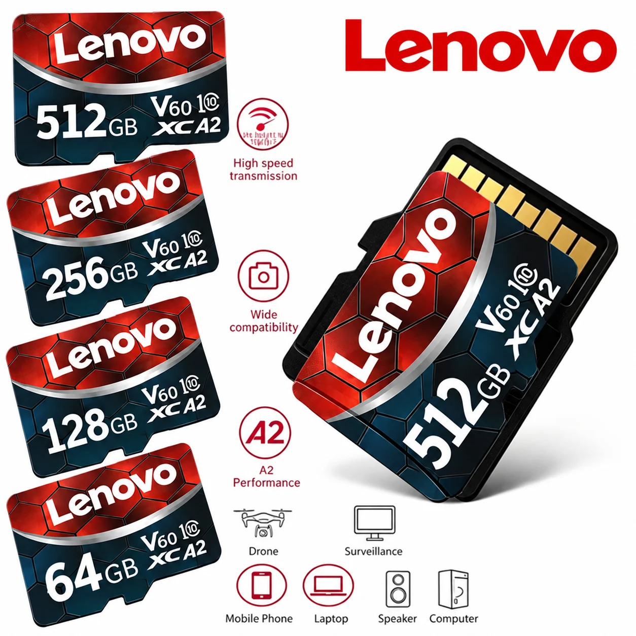 بطاقة ذاكرة Lenovo المطورة، سعة 128 جيجابايت، من نوع Micro SD، الإصدار V30، سعة تخزين كبيرة 256 جيجابايت، مناسبة للاستخدام في الكاميرات وكاميرات المراقبة.
