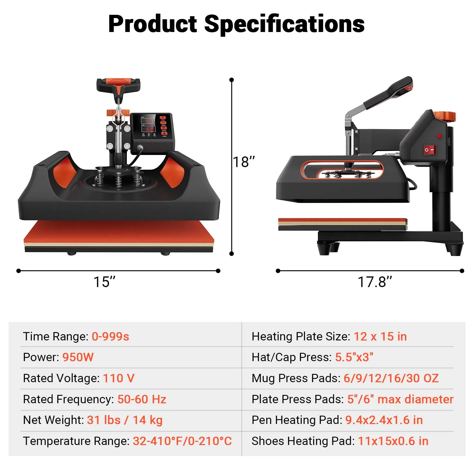 Pressa di calore 11 in 1 Pressa di calore 12 x 15 pollici Stampante a trasferimento a sublimazione a conchiglia Controllo digitale preciso della temperatura