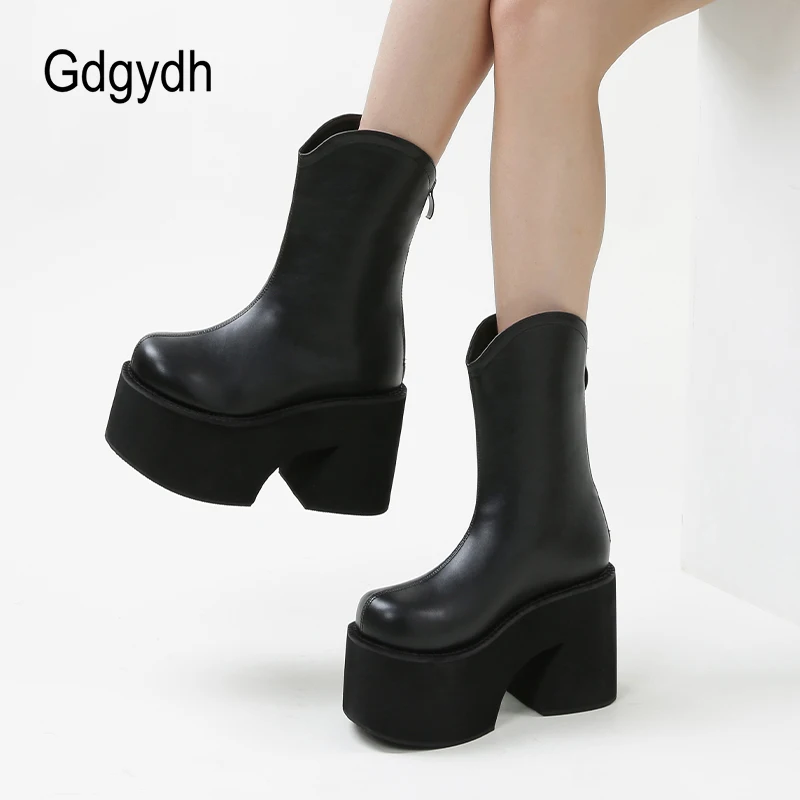 Gdgydh Mid Calf Platform Chelsea Boots Women Chunky Heel Wide Width Back Zipper Goth Shoes Faux Leather Comfy Black Plus Size