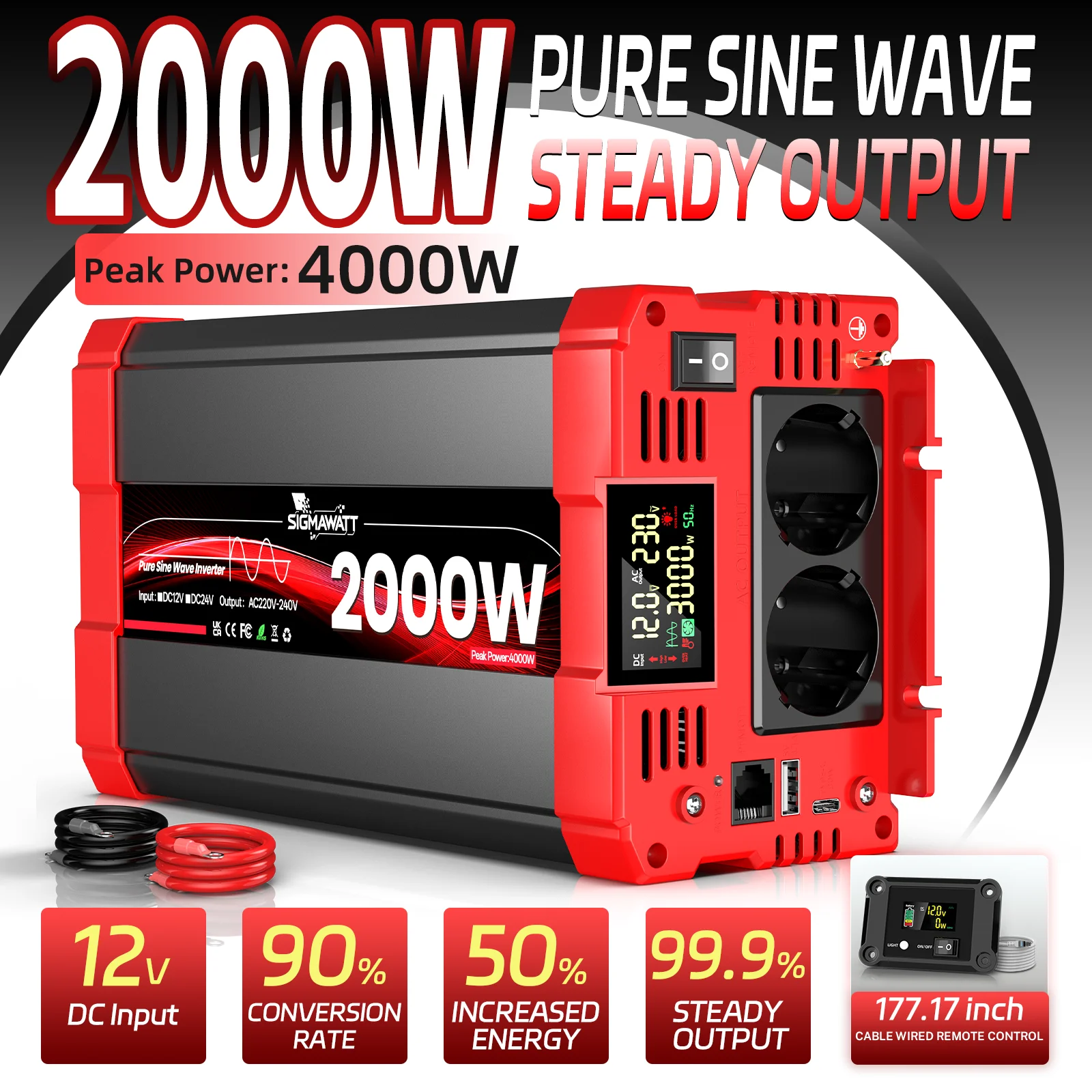 Convertisseur de courant à onde sinusoïdale pure DC 12V 24V AC 220V 230V 2000W Nominal 4000W de crête avec écran LCD, télécommande, USB Type-C pour camping-car, voiture, camping et maison