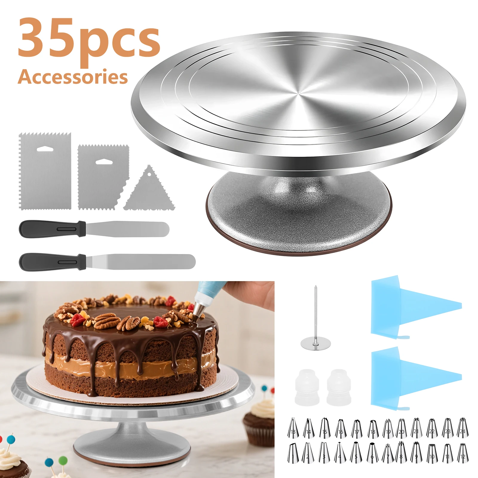 12-Zoll-Kuchenständer aus Aluminiumlegierung, drehbarer Kuchenständer, Back- und Dekorationsset mit geradem und abgewinkeltem Spatel, 3 Stück Schabern, Silikon-Spritzbeutel, 24 Spritztüllen,