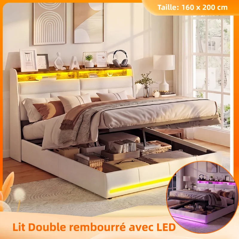 Cama doble acolchada, 160x200 cm, caja de almacenamiento hidráulica, LED, con espacio de almacenamiento y base de listones, con base de listones y cabecero, sin colchón, fácil de montar