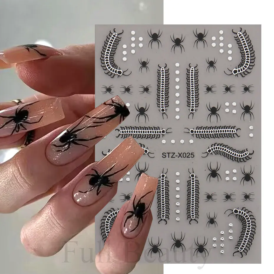 3D Centipede Design Nail Stickers Black Spider Scorpion Slider Gel Polish Decals Halloween Tattoo Nails Art Decoration Manicure