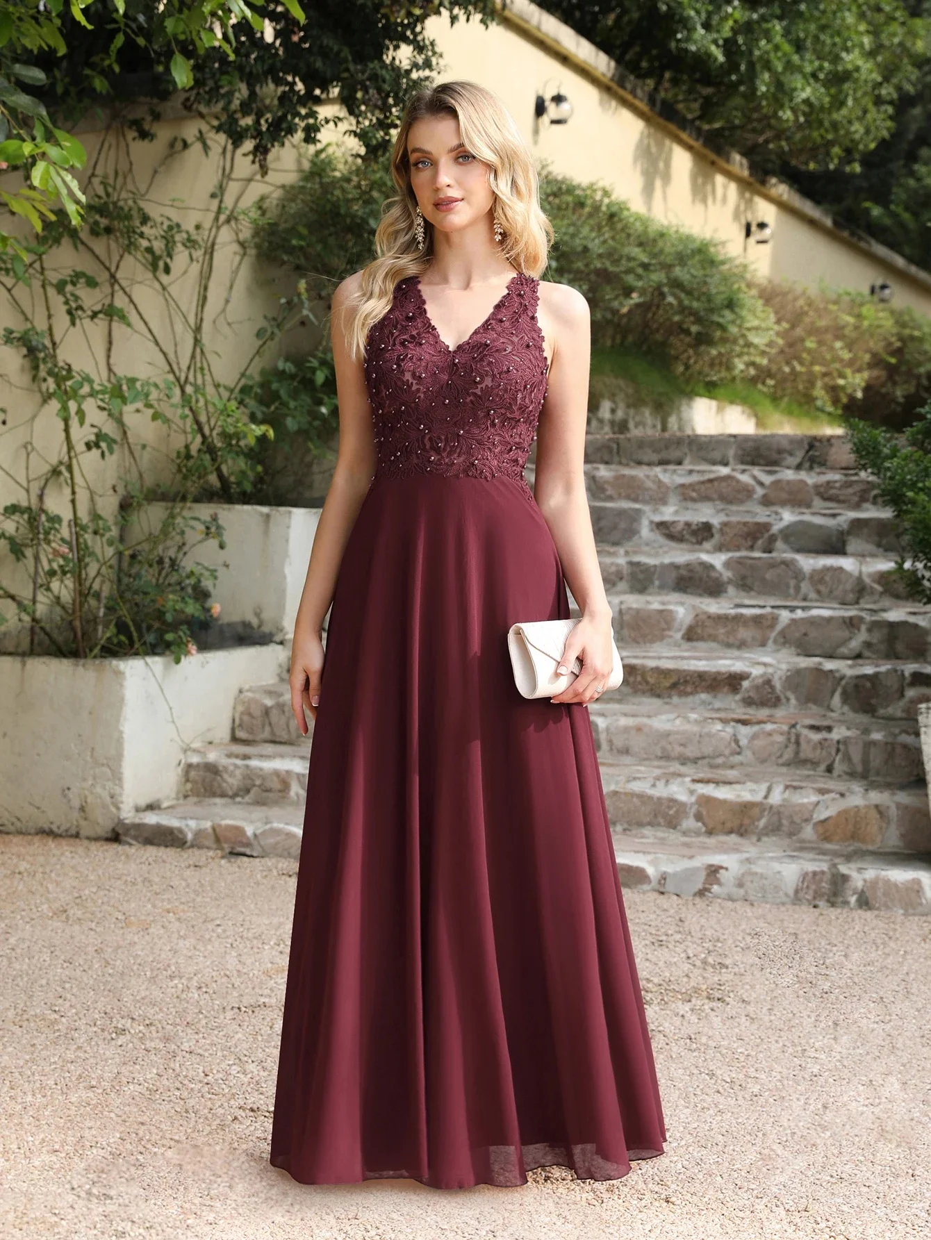 Stoffige Roze Halter V-Hals Kant Parels Trouwavondjurken Lange Jurk Uitgehold Chiffon Elegante Feestjurken Voor Vrouwen 2024 - afbeelding 2