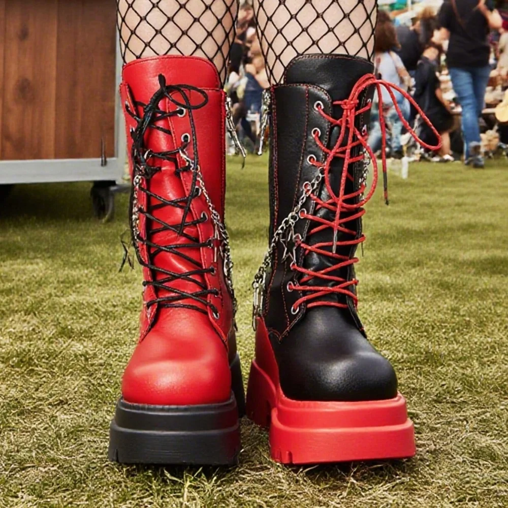 Women Y2K Platform Heel Gothic Round Toe Boots Combat Motorcycle Punk Lace Up Boots with Side Zipper Boots
