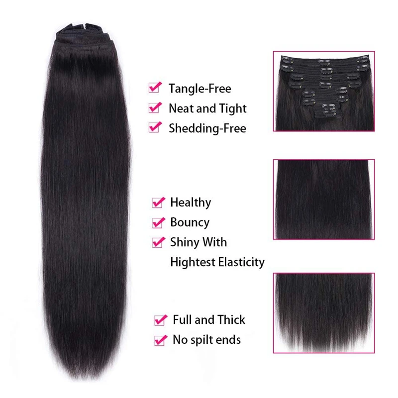 Straight Clip In Extensions Real Huamn Hair Hair Natural Black #1B 100% Remy Double Weft Brazilian Human Hair Clip ins 16-26inch