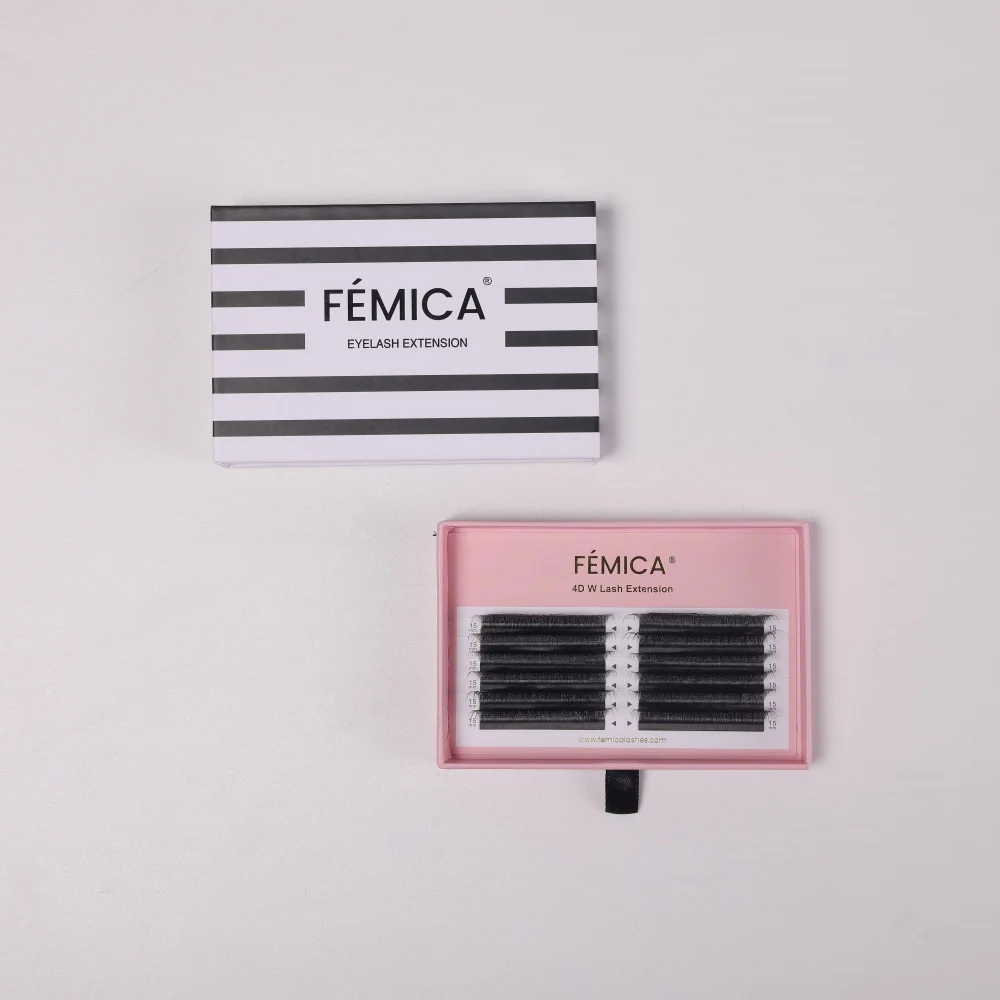 FÉMICA-4D W-vormige wimperextensions, premade volumefans, 0,07 mm W-vormige krul, 3D, 8D-dichtheid, valse wimpers voor make-up