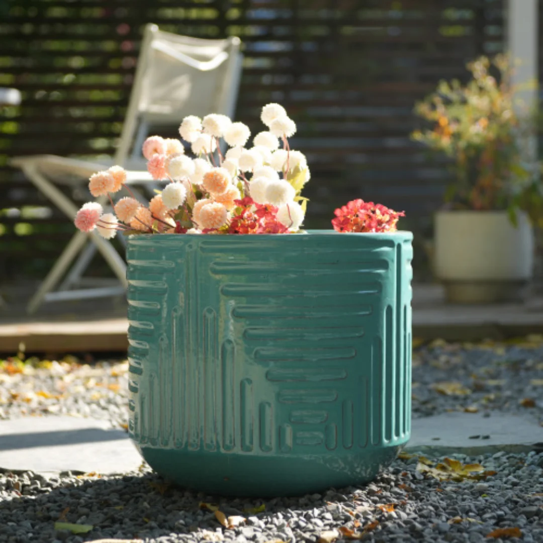 42 cm diameter handgeglazuurde turquoise keramische plantenbak met geometrisch groefrelief, ademende vorstbestendige plantenpot met drainagegat voor rubberboom, palm, binnen & tuin