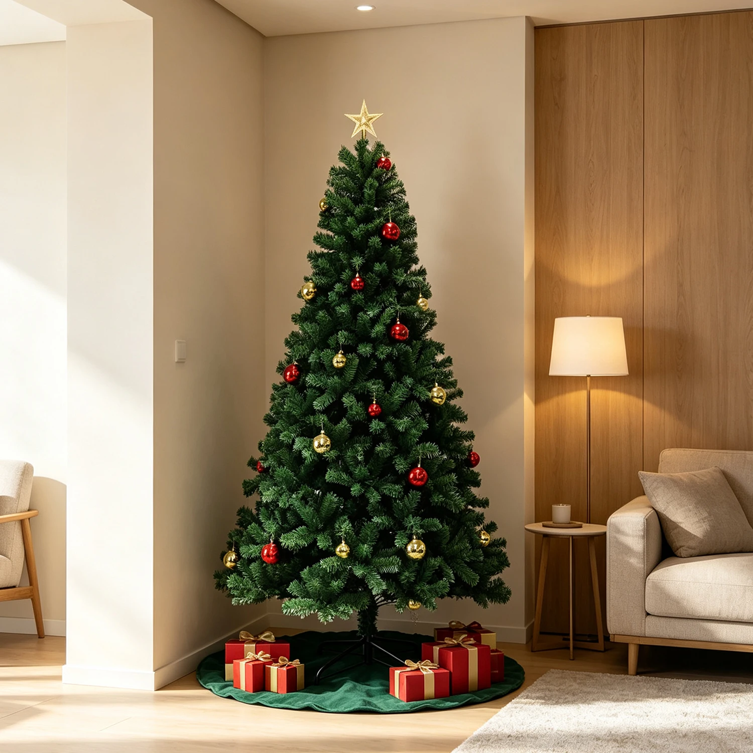 Albero di Natale artificiale HiMISS con palline e stella decorative integrate, facile da montare, rami in PVC con punte e base in metallo robusta, pino artificiale per decorazioni natalizie, feste,