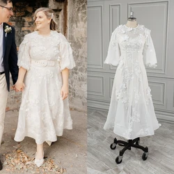 13967#Simple Appliques Lace Wedding Dress For Plus Size Women Modern Zipper Puffy Sleeve Bridal Gown Evening Dress فستان المساء