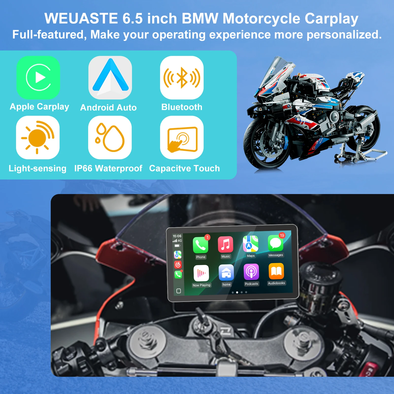 

6.5 Inch Wireless CarPlay Moto Android Auto GPS Motorcycle Portable Digital Dashboard Navigation Screen For BMW R1200GS R1250GS